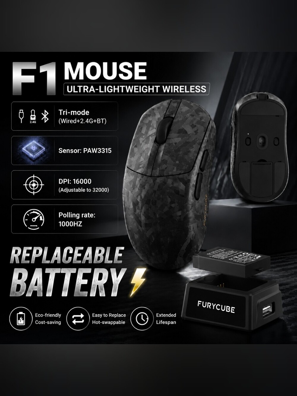 F1 Ultra-Lightweight Wireless Gaming Mouse - Black Camo Carbonfiber